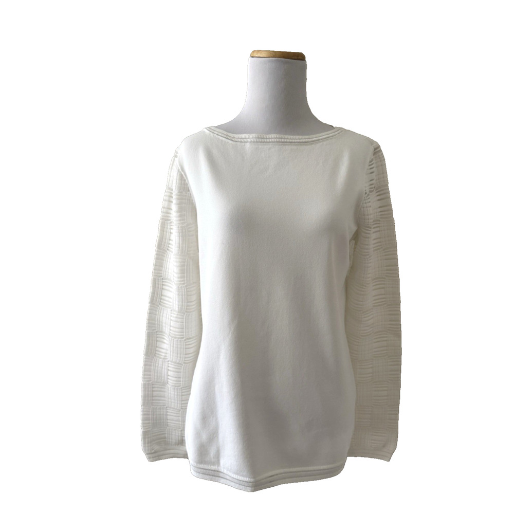St. John Top M White Knit Boatneck Long Sleeve Pullover Stretch Viscose Classic
